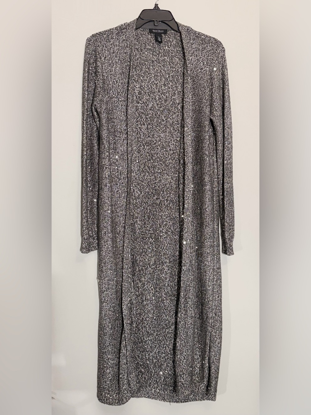 White House Black Market Sequin Metallic Long Duster Cardigan Gray Silver M